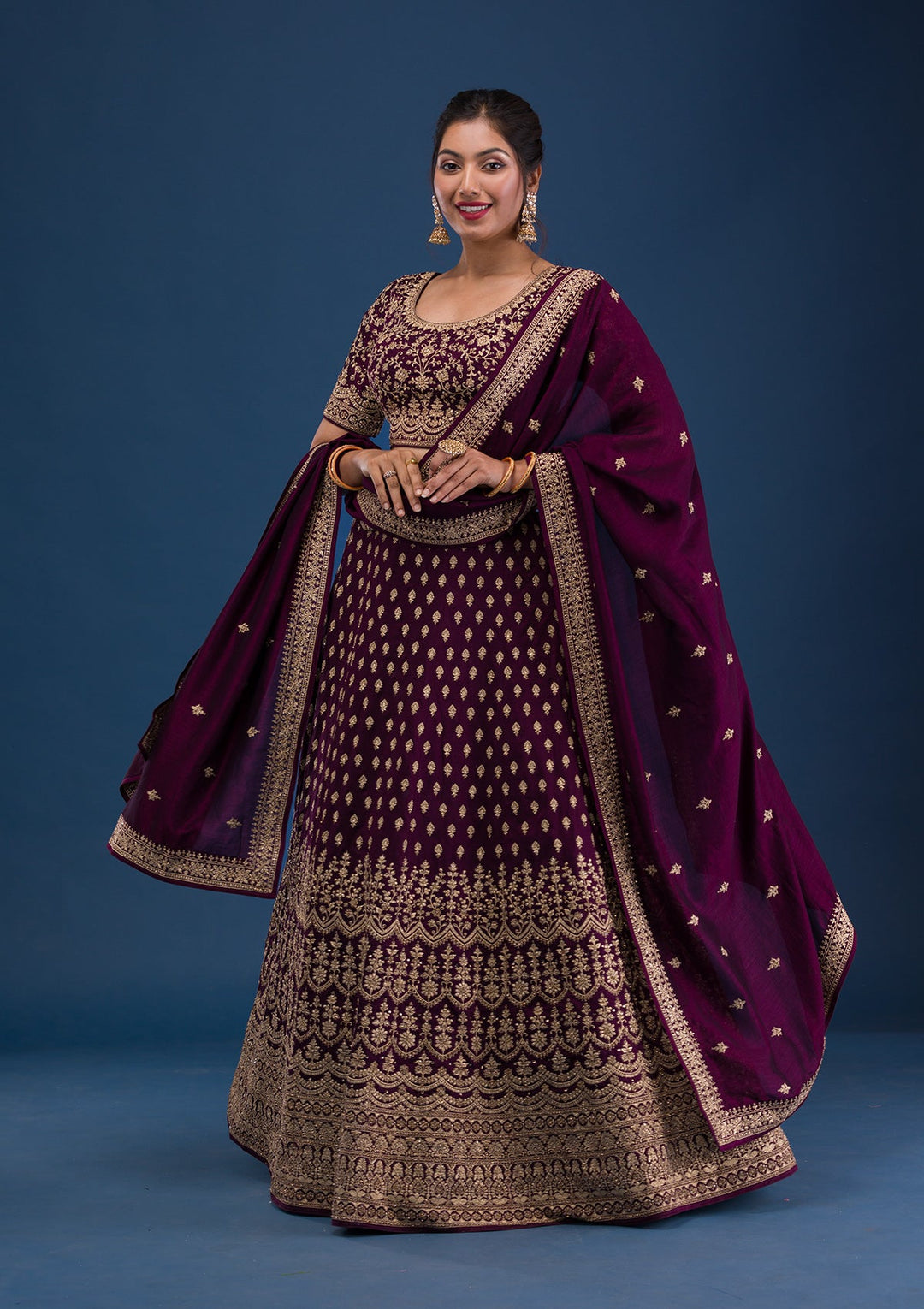 Wine Zariwork Raw Silk Readymade Lehenga-Koskii