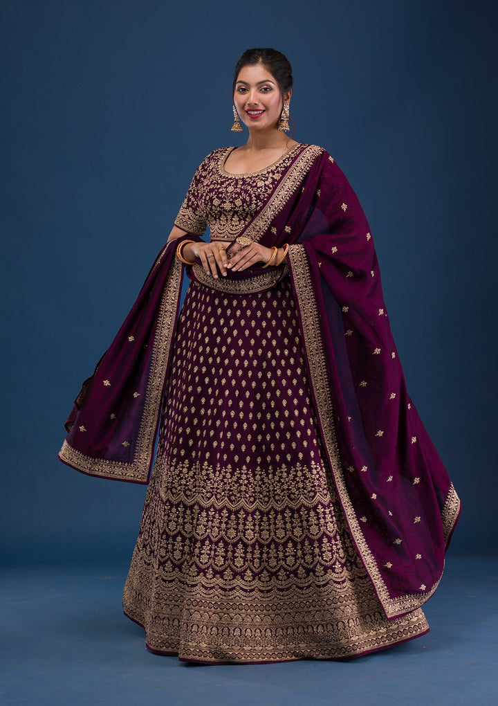 Wine Zariwork Raw Silk Readymade Lehenga-Koskii