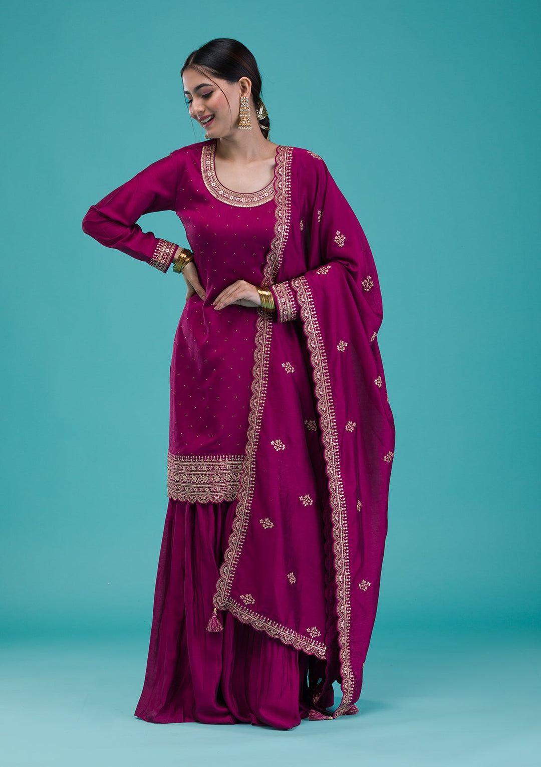 Wine Zariwork Raw Silk Readymade Salwar Suit-Koskii