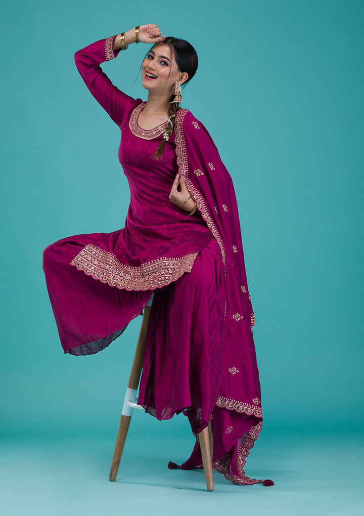 Wine Zariwork Raw Silk Readymade Salwar Suit-Koskii