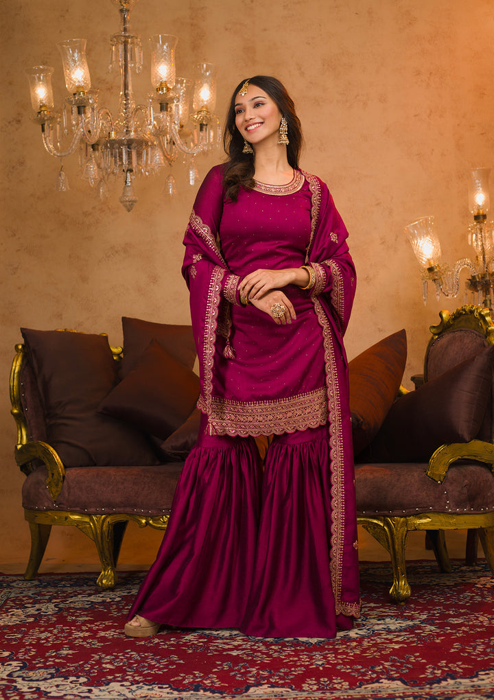 Wine Zariwork Raw Silk Readymade Salwar Kameez