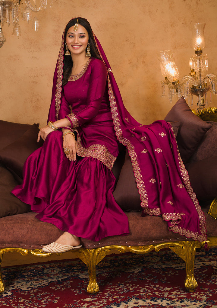 Wine Zariwork Raw Silk Readymade Salwar Kameez