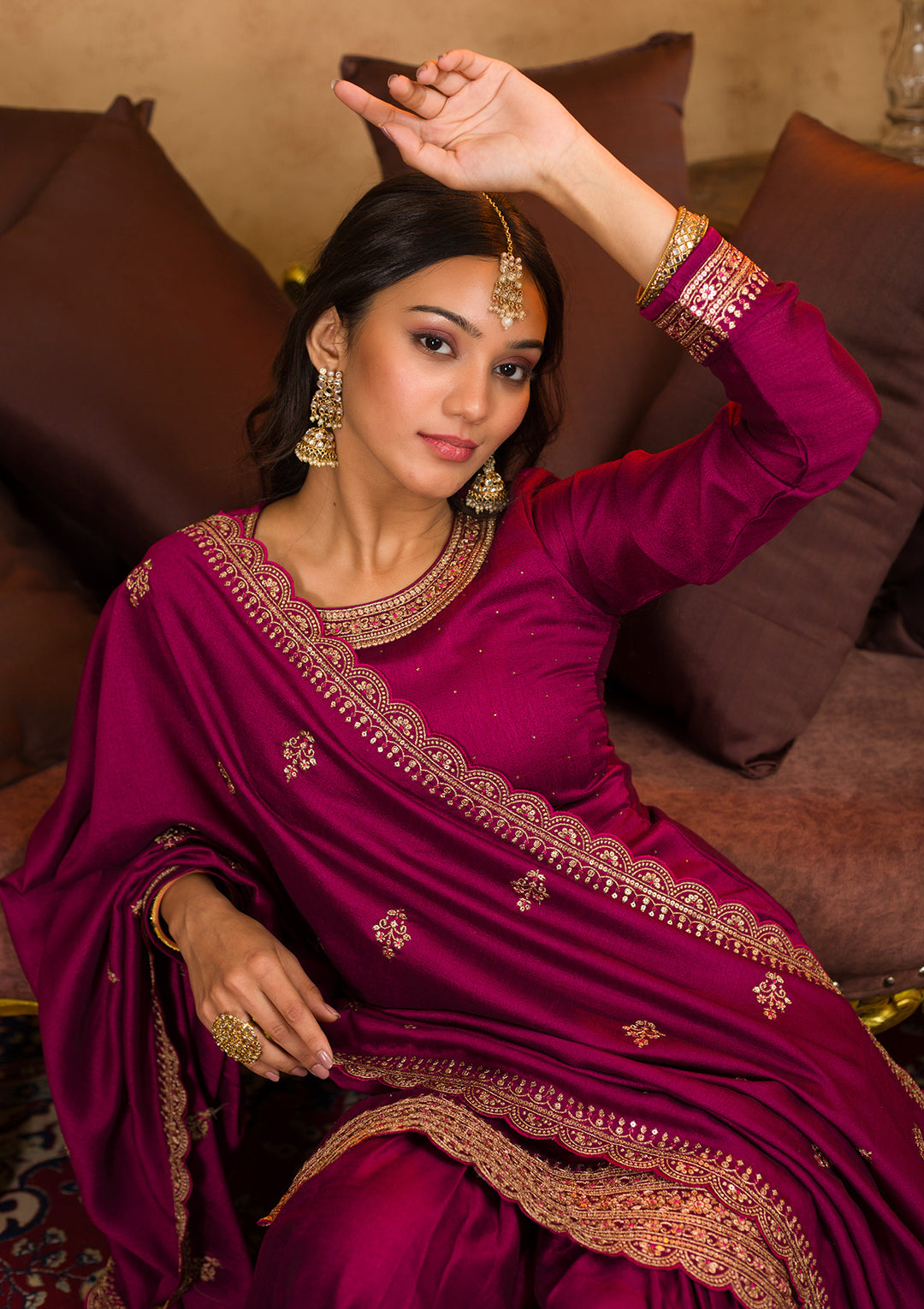 Wine Zariwork Raw Silk Readymade Salwar Kameez