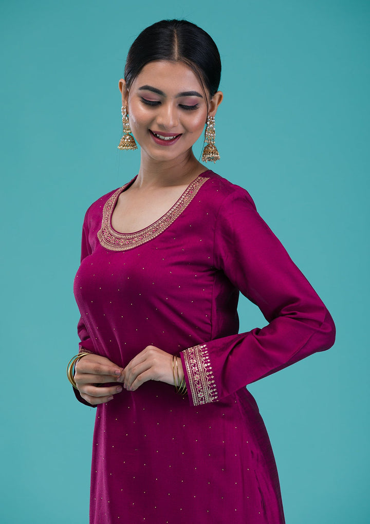 Wine Zariwork Raw Silk Readymade Salwar Suit-Koskii