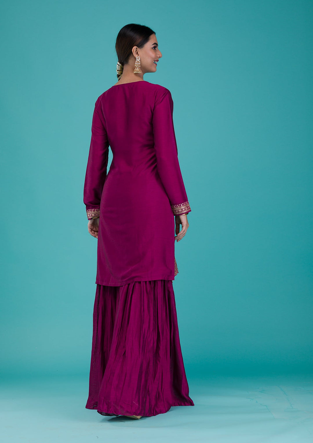 Wine Zariwork Raw Silk Readymade Salwar Suit-Koskii