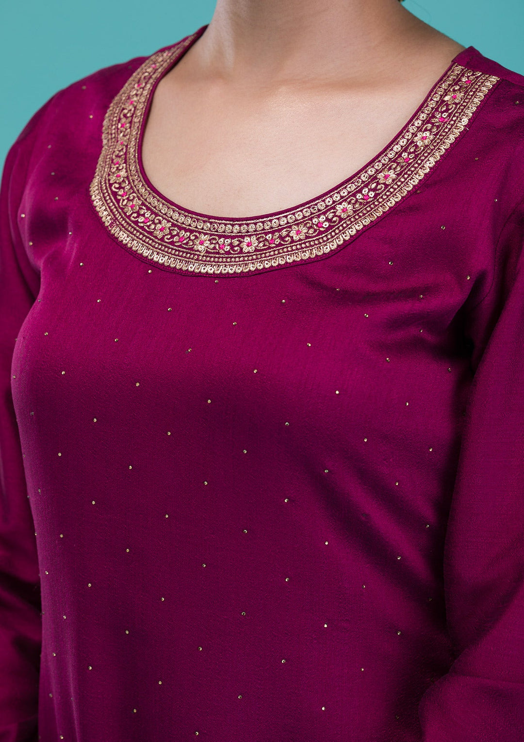 Wine Zariwork Raw Silk Readymade Salwar Suit-Koskii