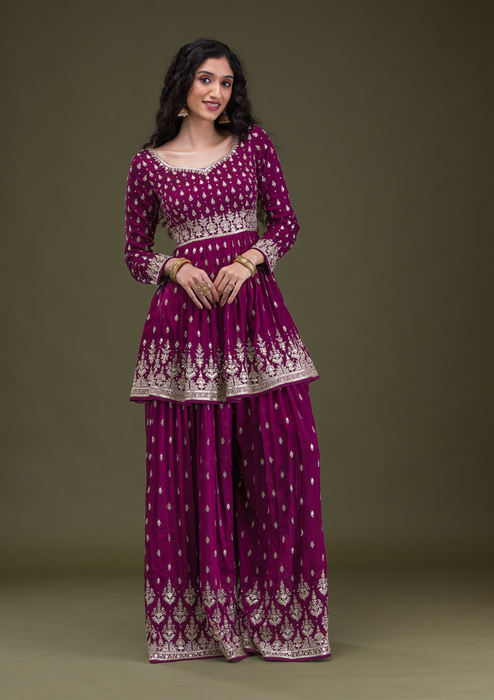 Wine Zariwork Raw Silk Readymade Salwar Suit-Koskii