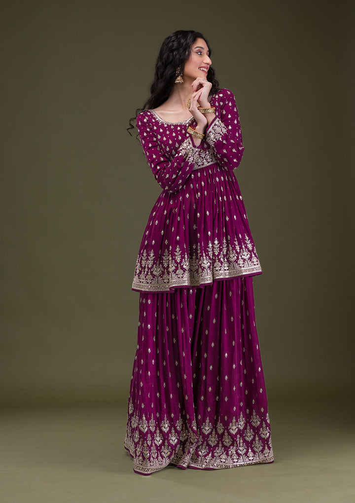 Wine Zariwork Raw Silk Readymade Salwar Suit-Koskii