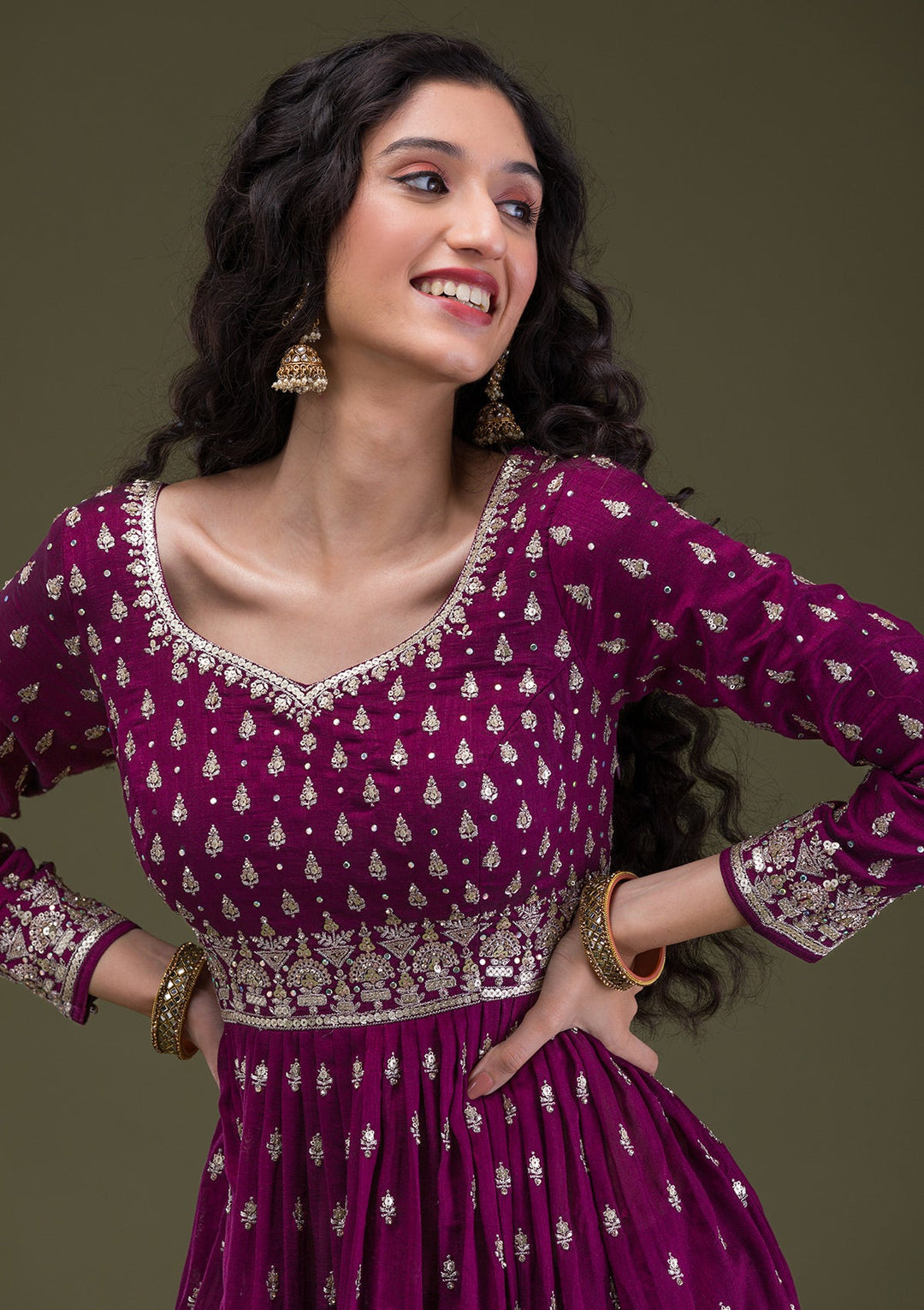 Wine Zariwork Raw Silk Readymade Salwar Suit-Koskii