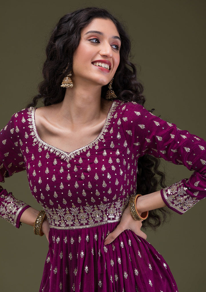 Wine Zariwork Raw Silk Readymade Salwar Suit-Koskii