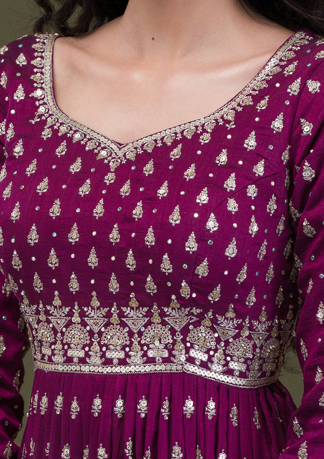 Wine Zariwork Raw Silk Readymade Salwar Suit-Koskii