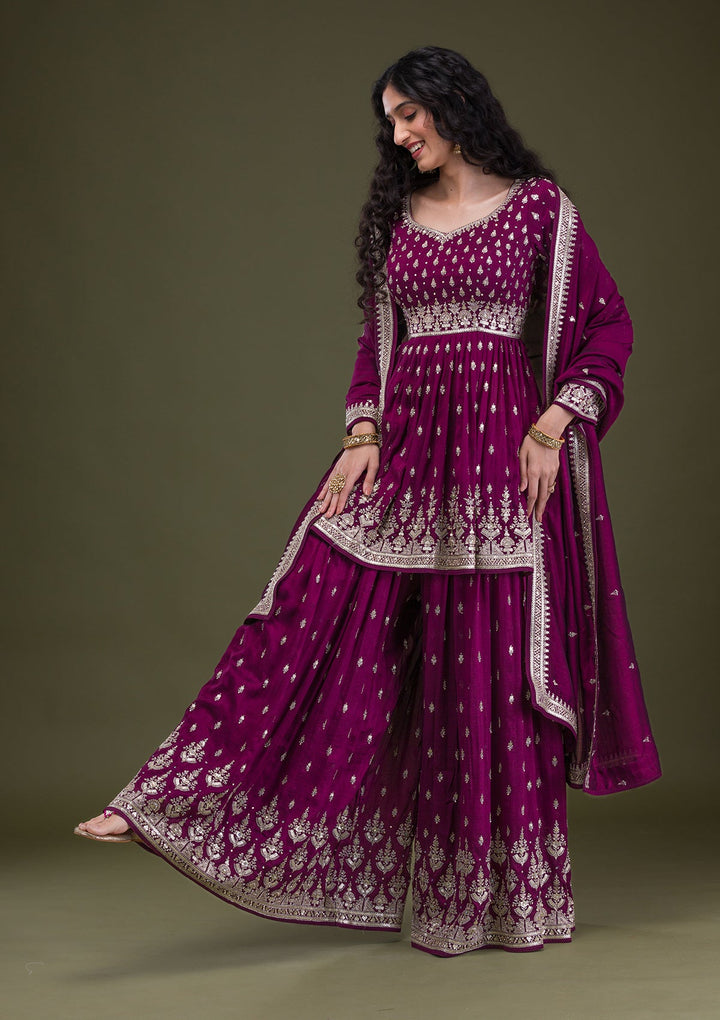 Wine Zariwork Raw Silk Readymade Salwar Suit-Koskii