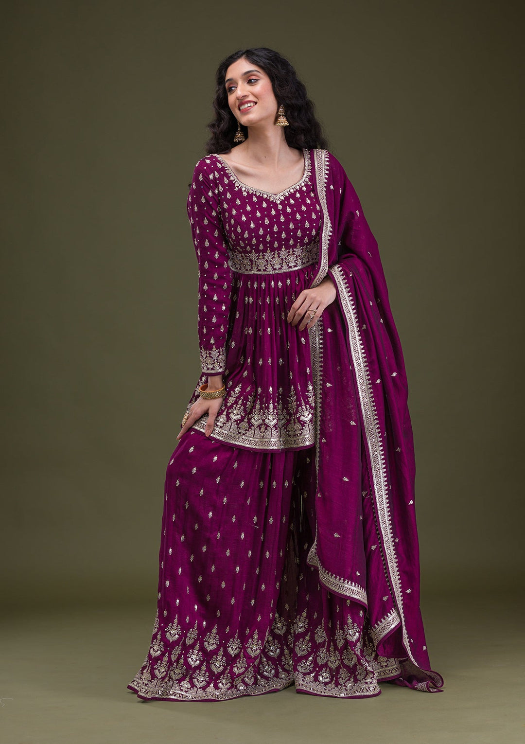 Wine Zariwork Raw Silk Readymade Salwar Suit-Koskii