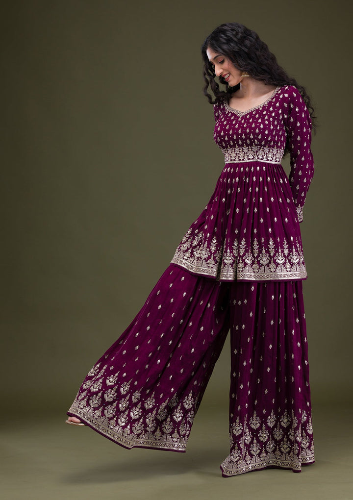 Wine Zariwork Raw Silk Readymade Salwar Suit-Koskii