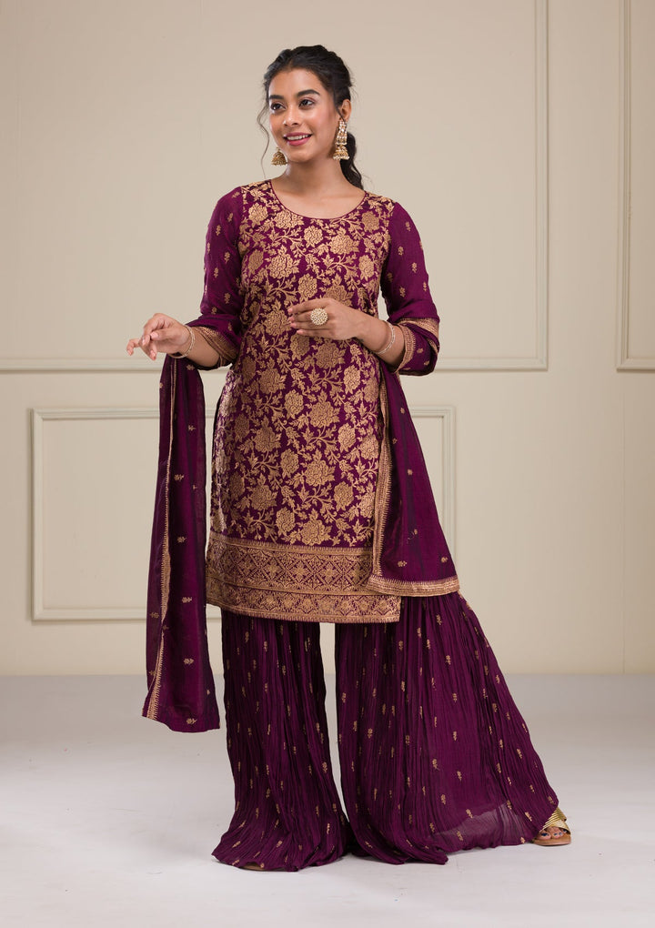 Wine Zariwork Raw Silk Readymade Salwar Suit-Koskii