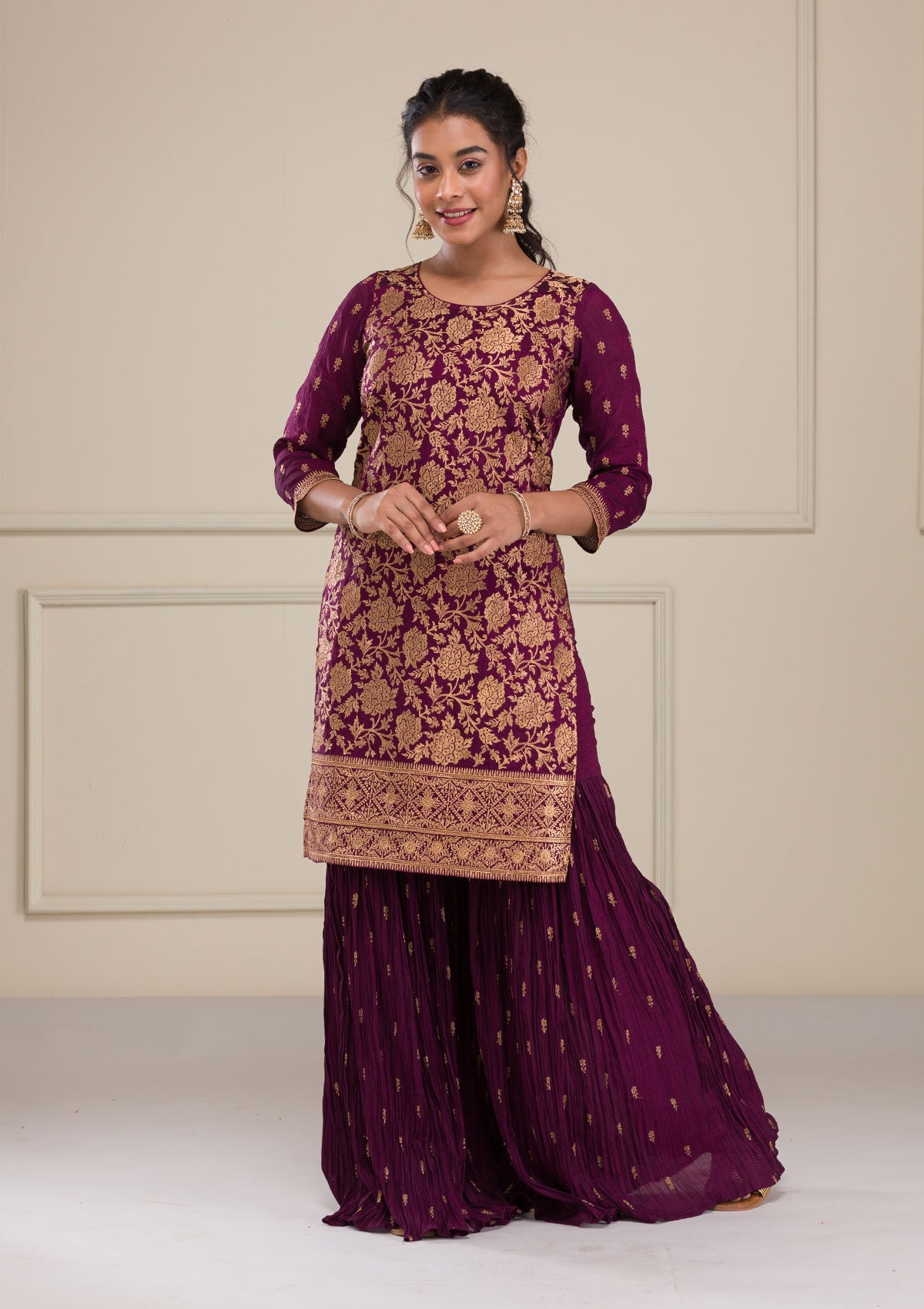 Wine Zariwork Raw Silk Readymade Salwar Suit-Koskii