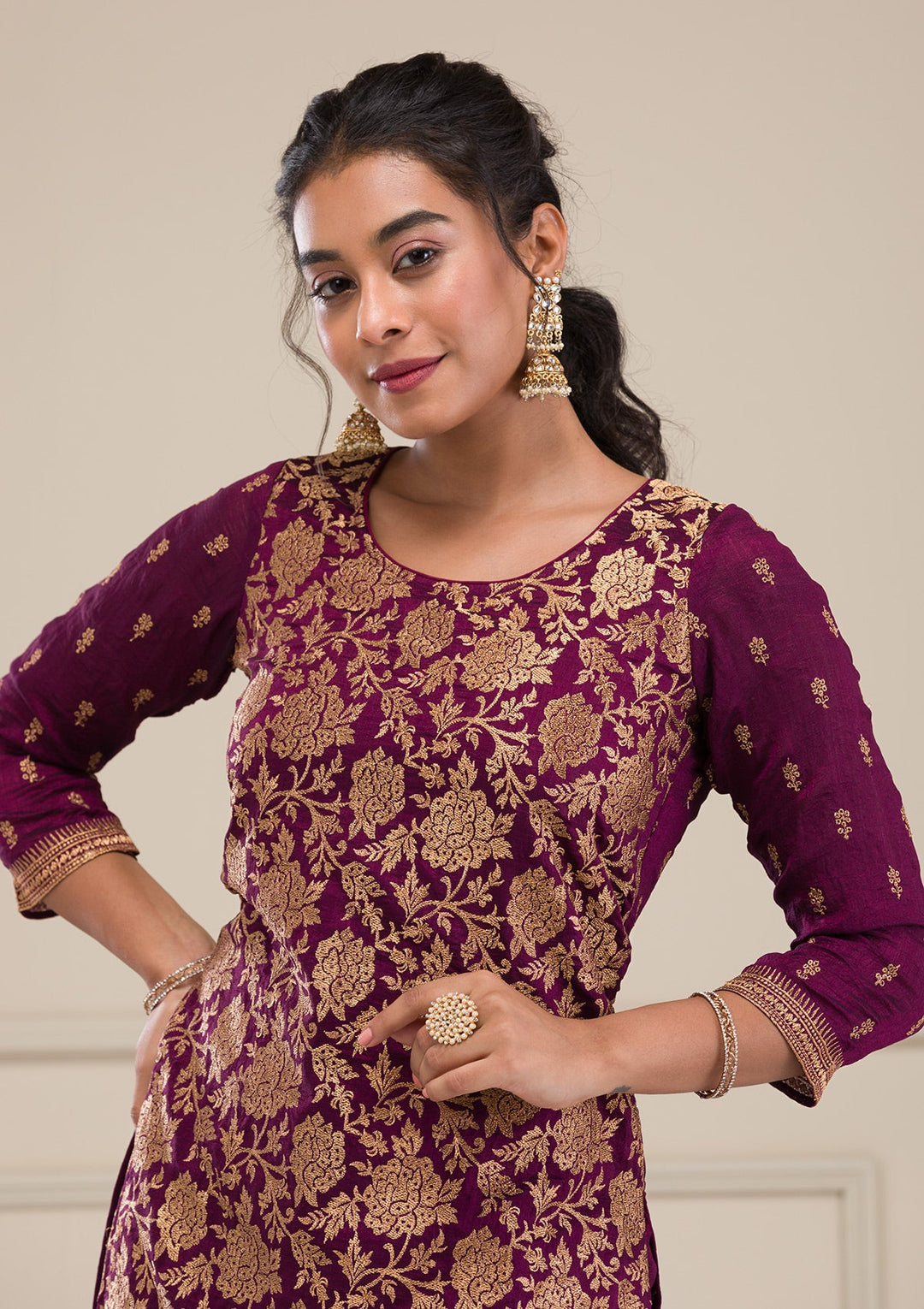 Wine Zariwork Raw Silk Readymade Salwar Suit-Koskii