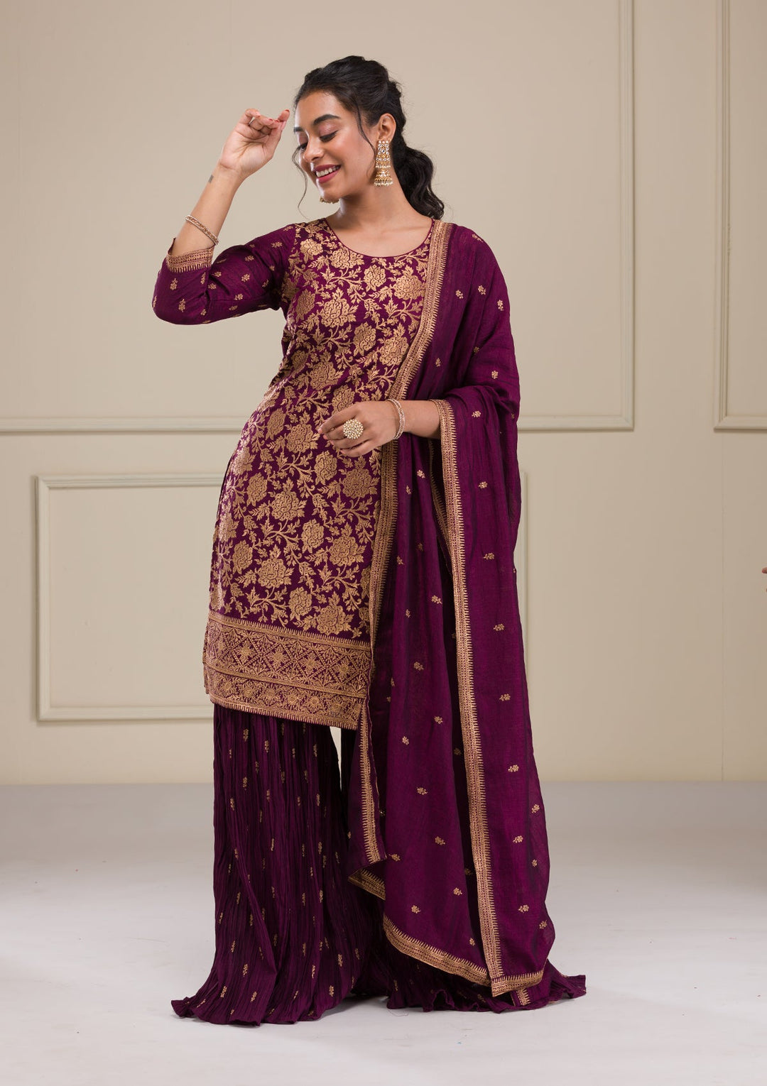 Wine Zariwork Raw Silk Readymade Salwar Suit-Koskii