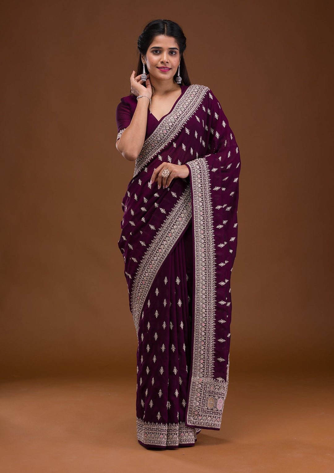 Wine Zariwork Raw Silk Saree-Koskii