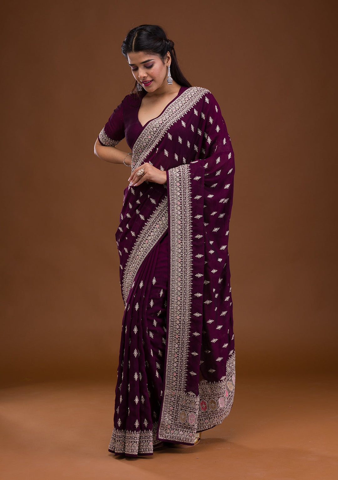 Wine Zariwork Raw Silk Saree-Koskii