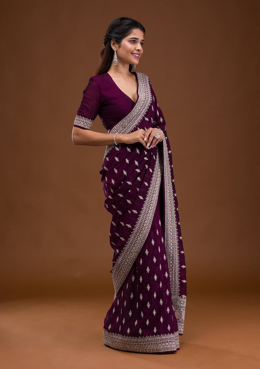 Wine Zariwork Raw Silk Saree-Koskii