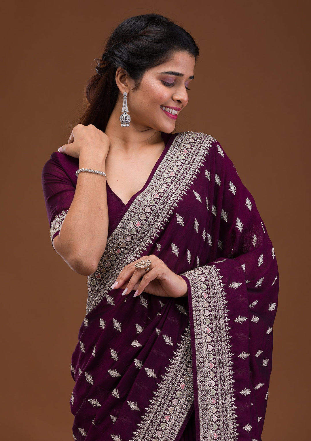 Wine Zariwork Raw Silk Saree-Koskii