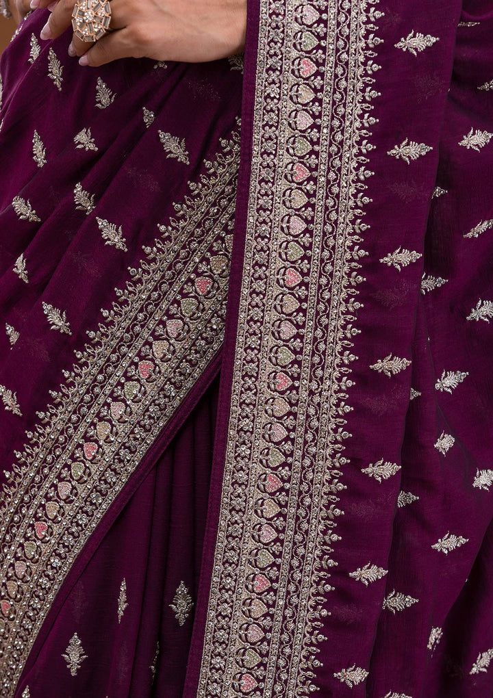 Wine Zariwork Raw Silk Saree-Koskii