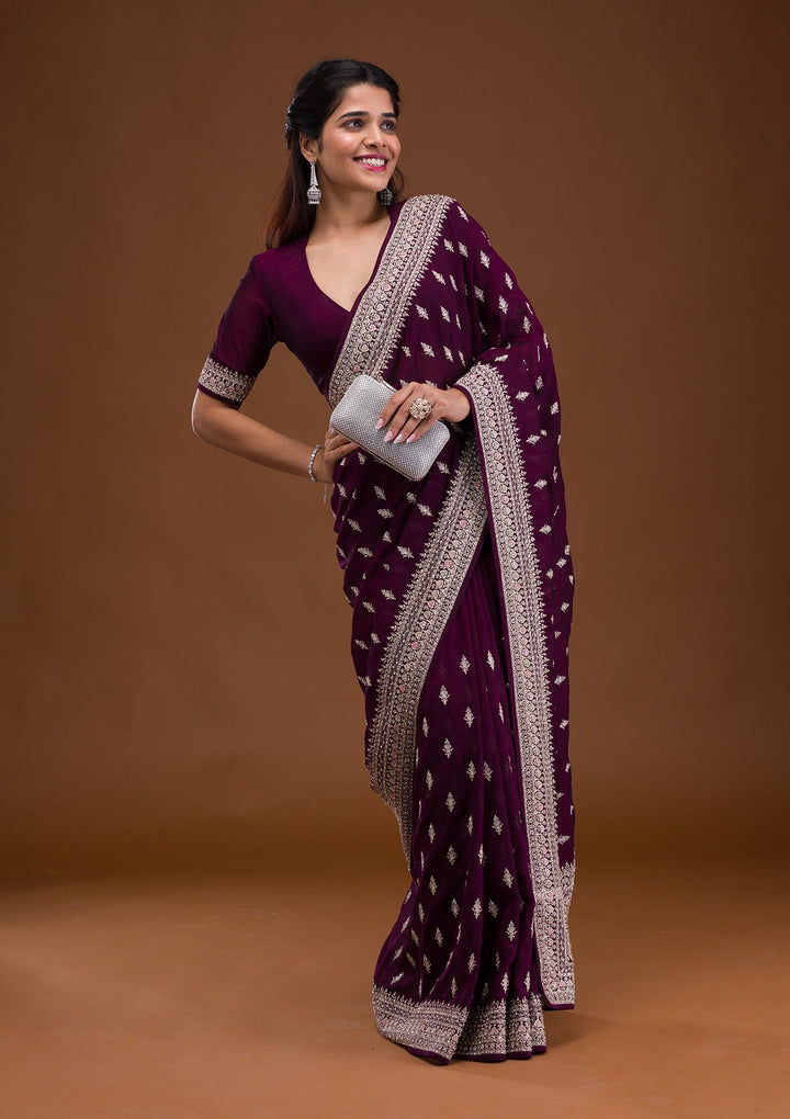 Wine Zariwork Raw Silk Saree-Koskii