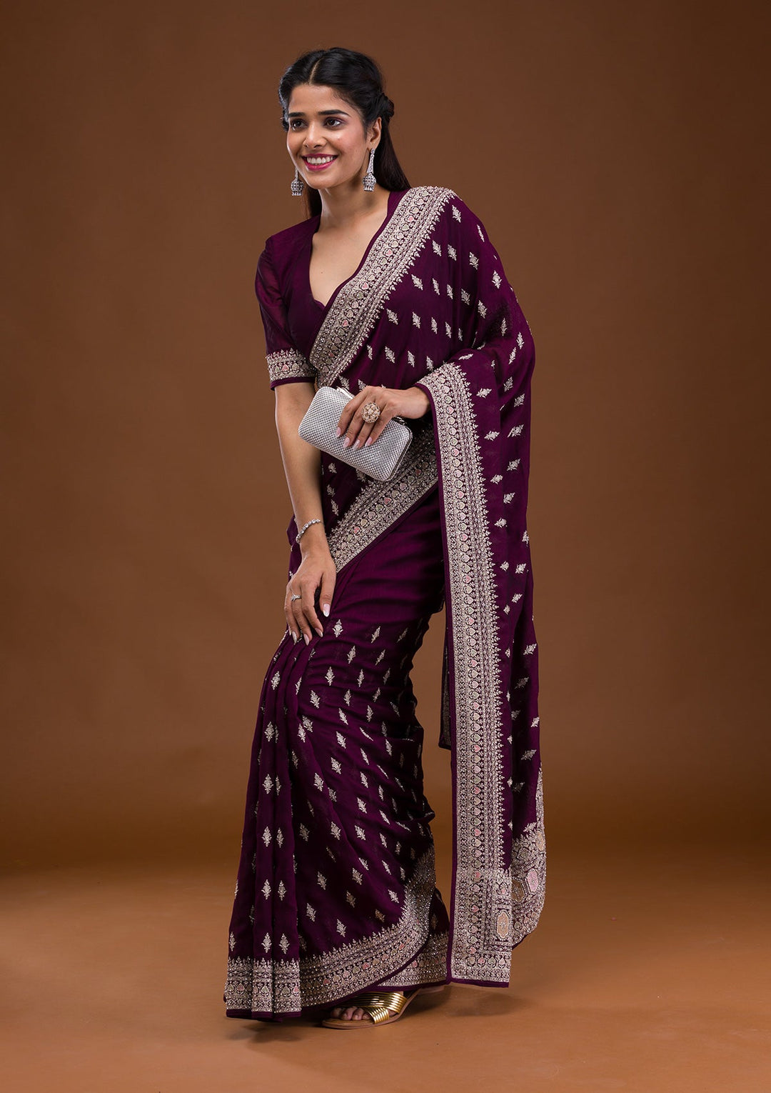 Wine Zariwork Raw Silk Saree-Koskii