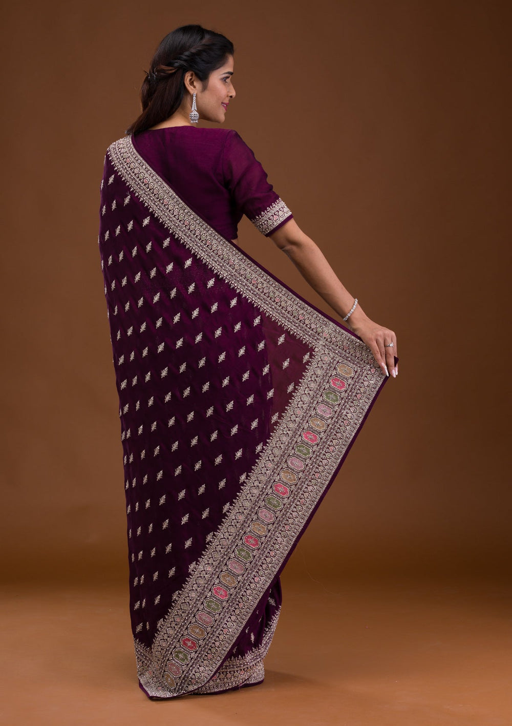 Wine Zariwork Raw Silk Saree-Koskii