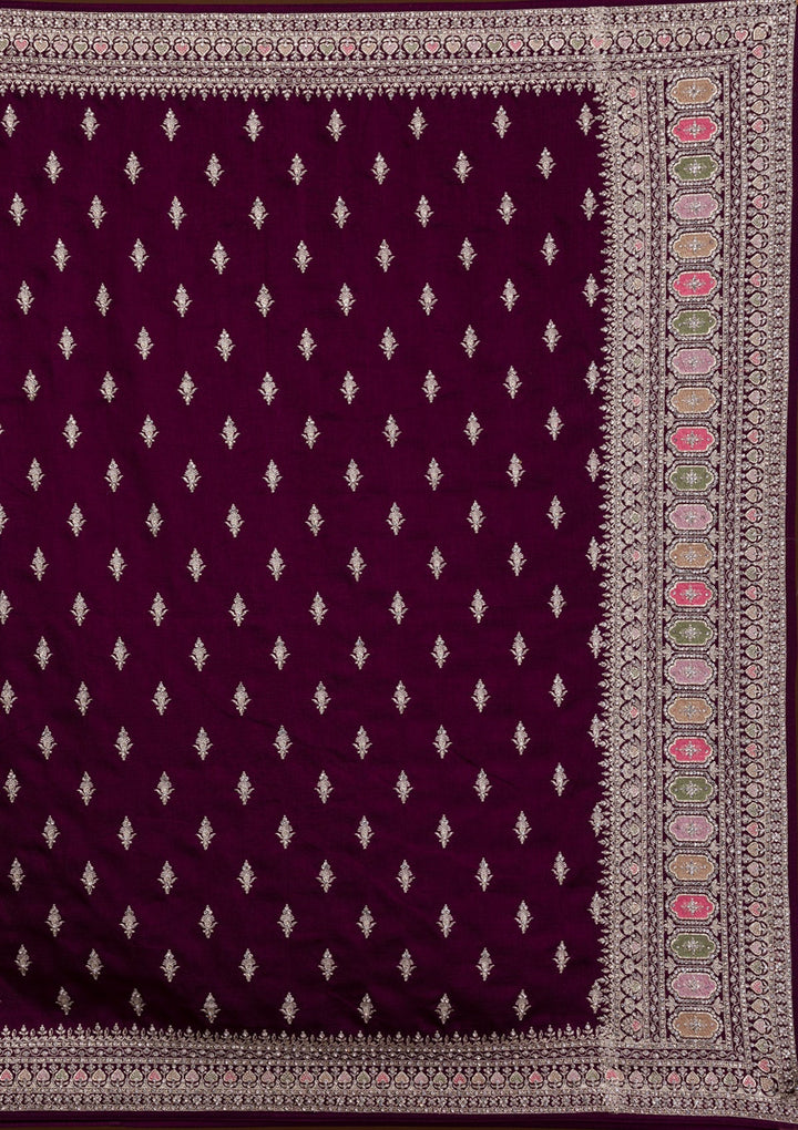 Wine Zariwork Raw Silk Saree-Koskii