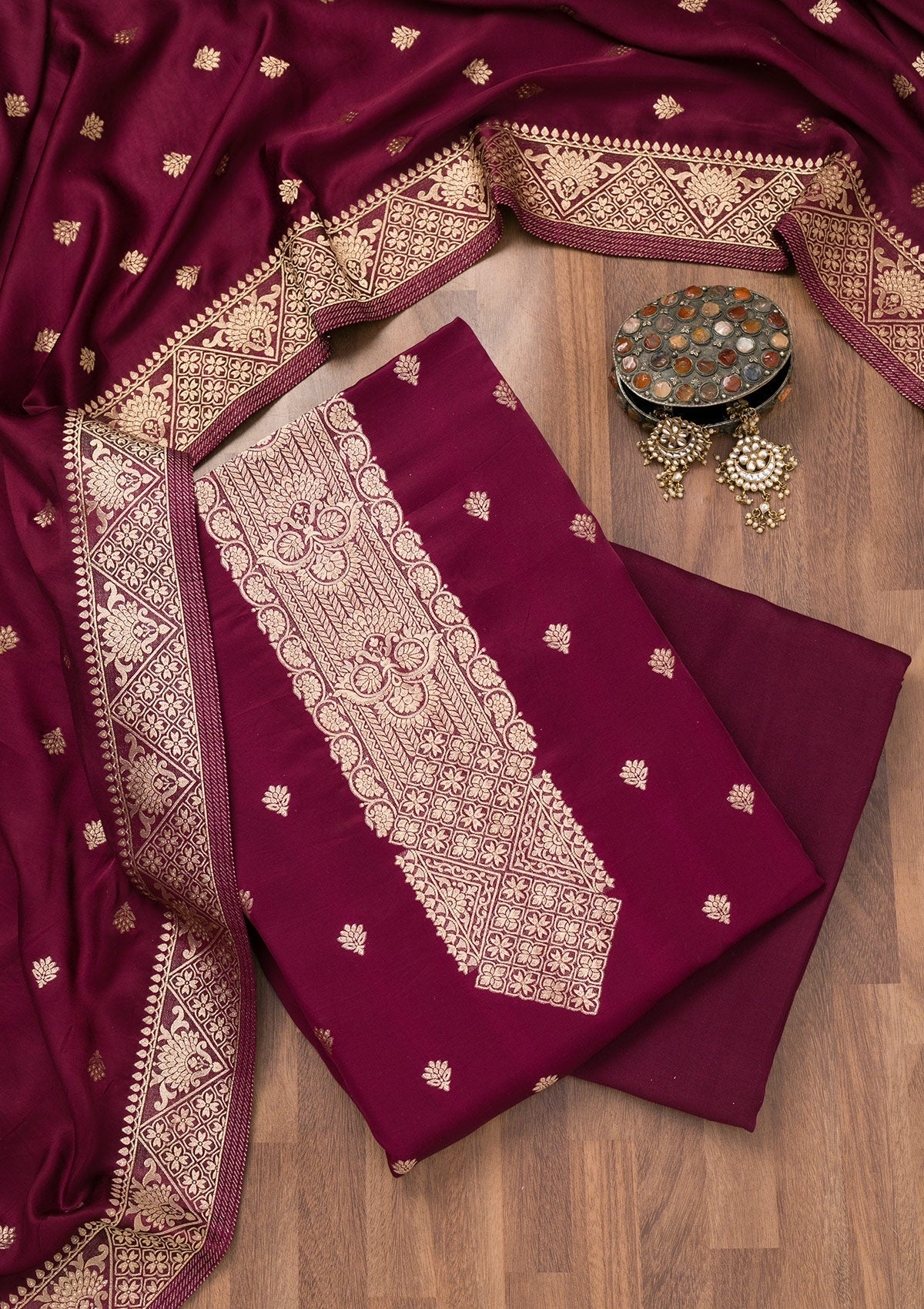 Wine Zariwork Semi Crepe Unstitched Salwar Suit-Koskii