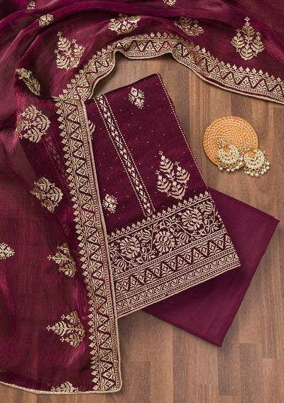 Wine Zariwork Semi Crepe Unstitched Salwar Suit-Koskii