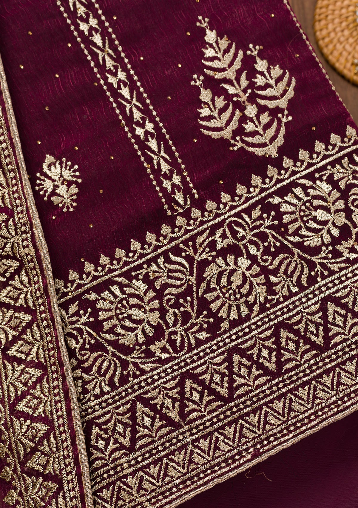 Wine Zariwork Semi Crepe Unstitched Salwar Suit-Koskii