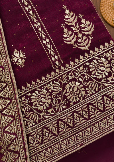 Wine Zariwork Semi Crepe Unstitched Salwar Suit-Koskii