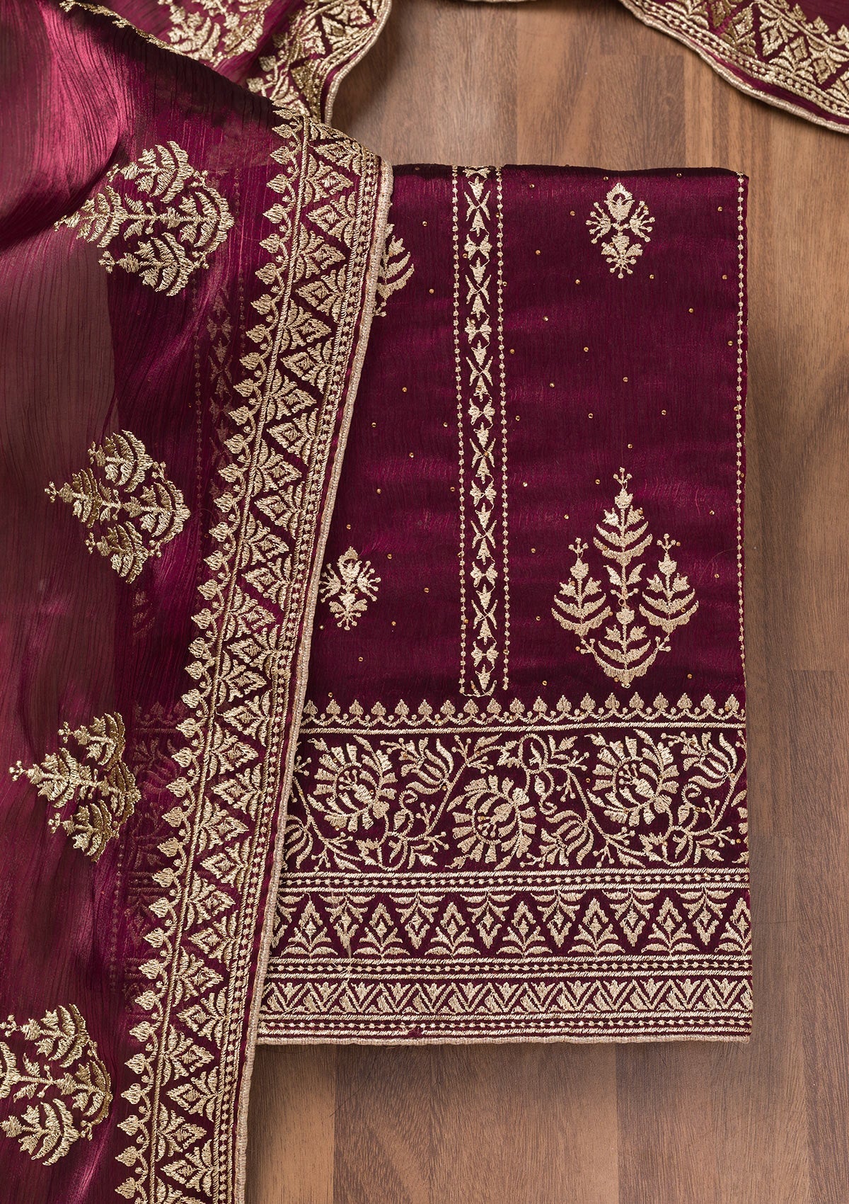 Wine Zariwork Semi Crepe Unstitched Salwar Suit-Koskii