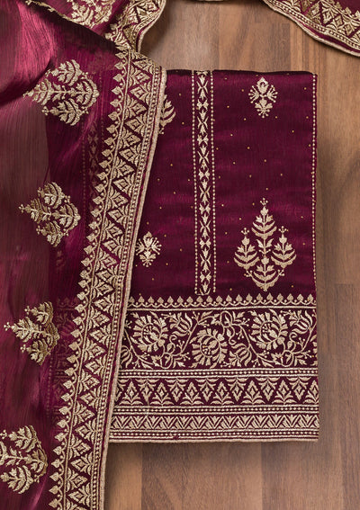 Wine Zariwork Semi Crepe Unstitched Salwar Suit-Koskii