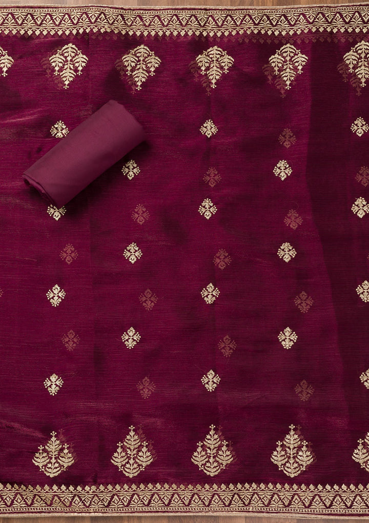 Wine Zariwork Semi Crepe Unstitched Salwar Suit-Koskii