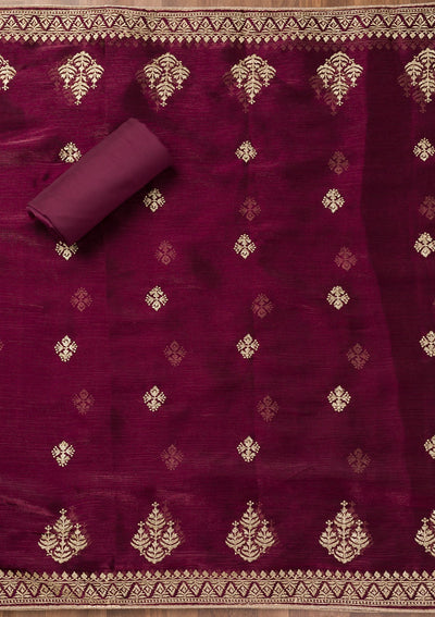 Wine Zariwork Semi Crepe Unstitched Salwar Suit-Koskii