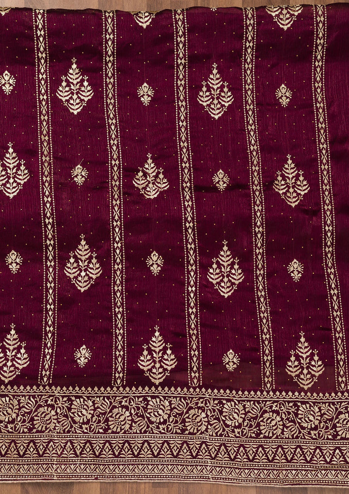 Wine Zariwork Semi Crepe Unstitched Salwar Suit-Koskii