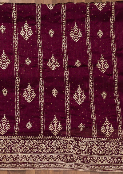 Wine Zariwork Semi Crepe Unstitched Salwar Suit-Koskii