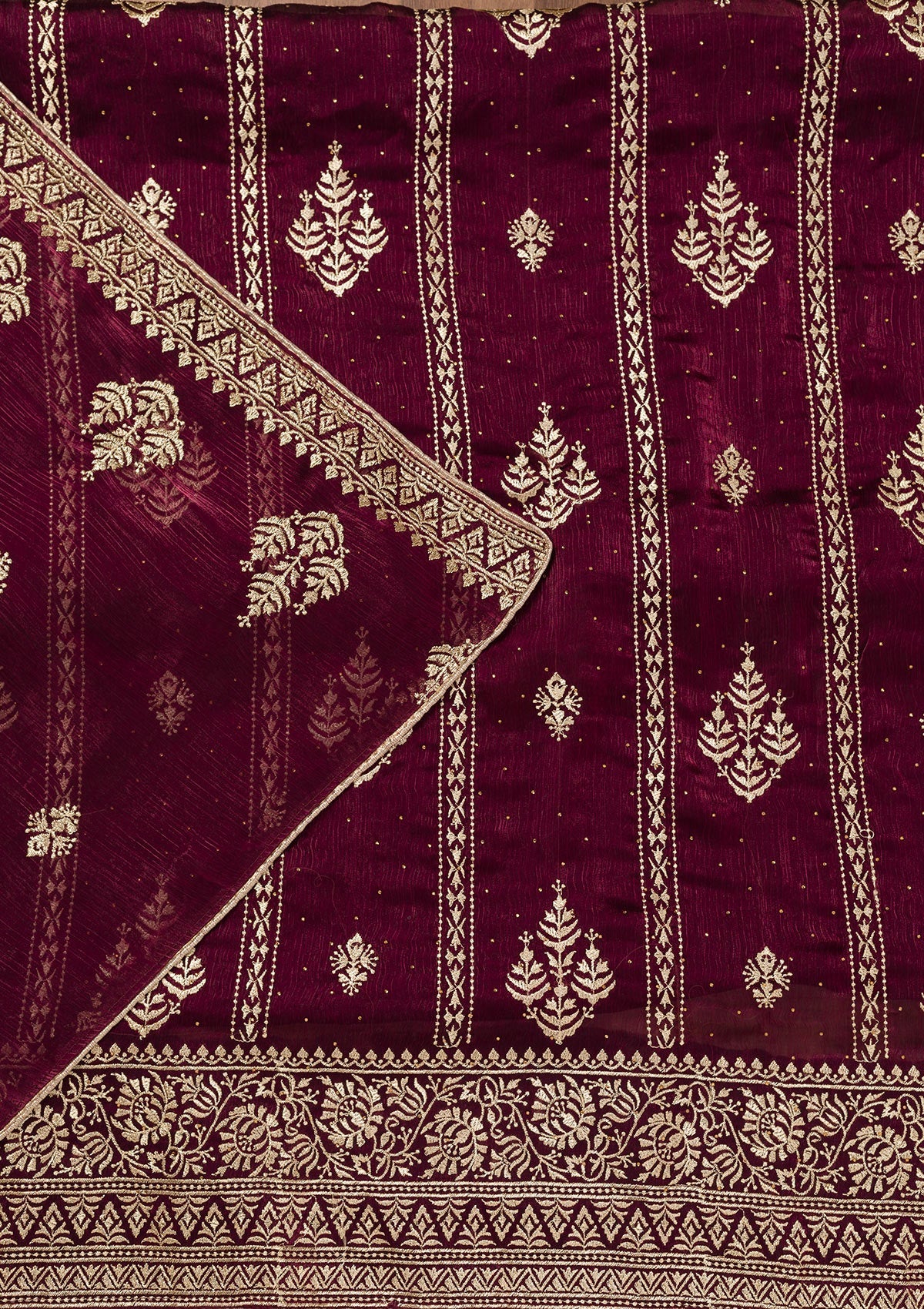 Wine Zariwork Semi Crepe Unstitched Salwar Suit-Koskii