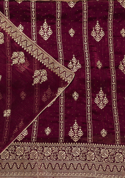 Wine Zariwork Semi Crepe Unstitched Salwar Suit-Koskii