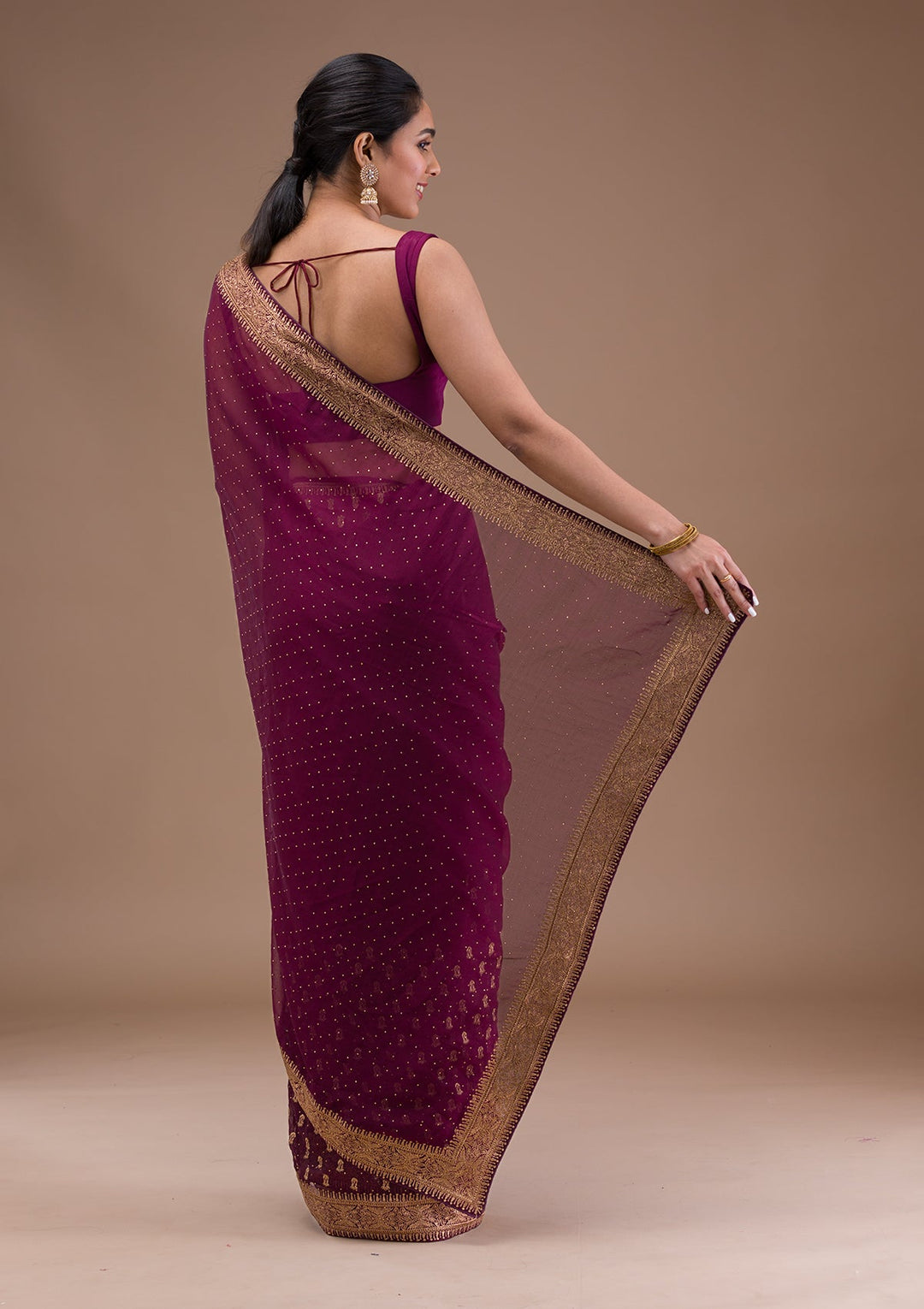 Wine Zariwork Semi Crepe Saree-Koskii