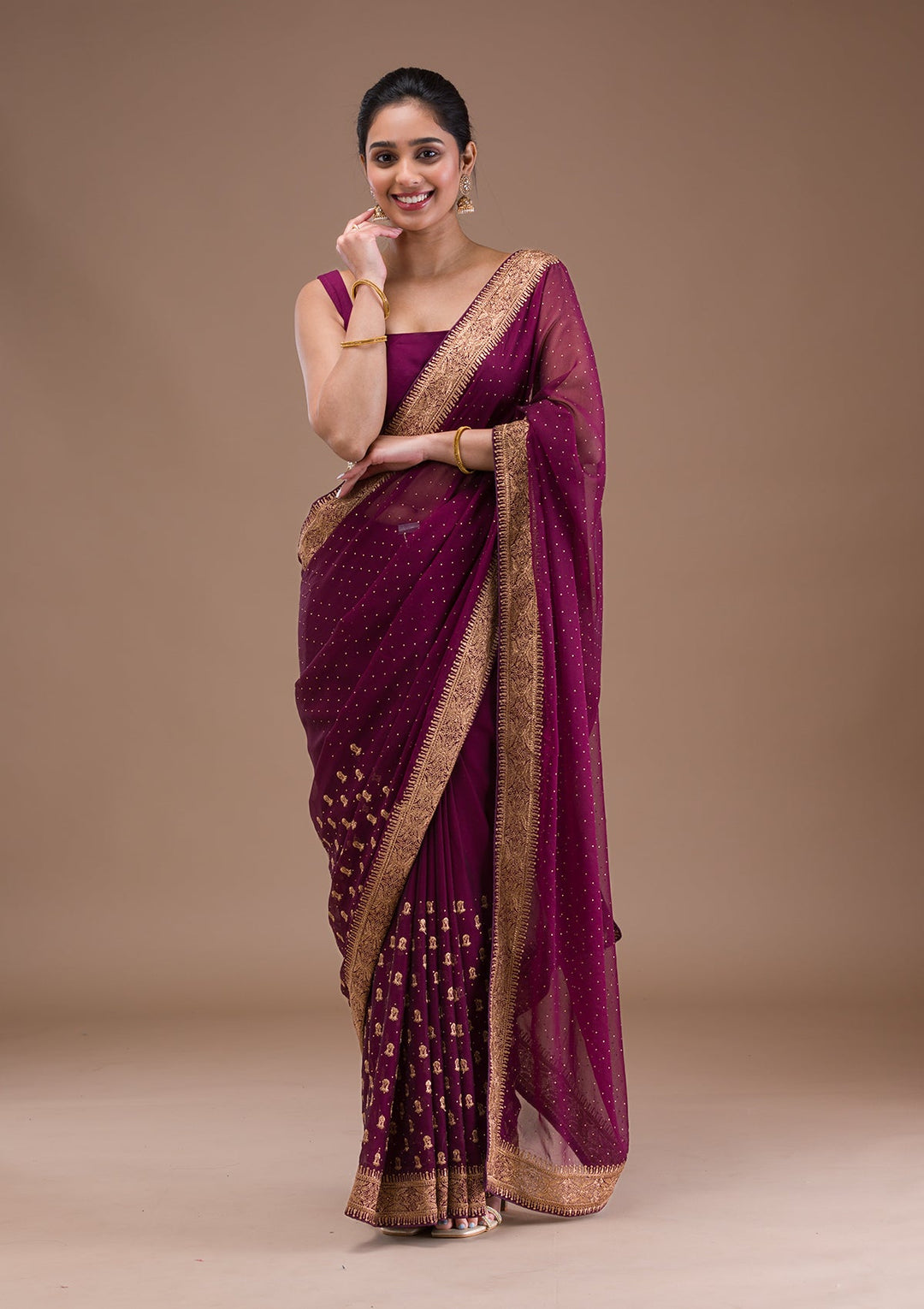 Wine Zariwork Semi Crepe Saree-Koskii