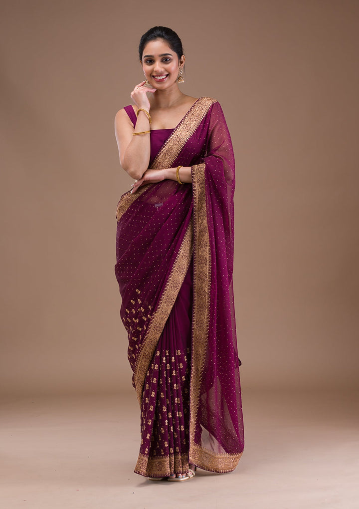 Wine Zariwork Semi Crepe Saree-Koskii