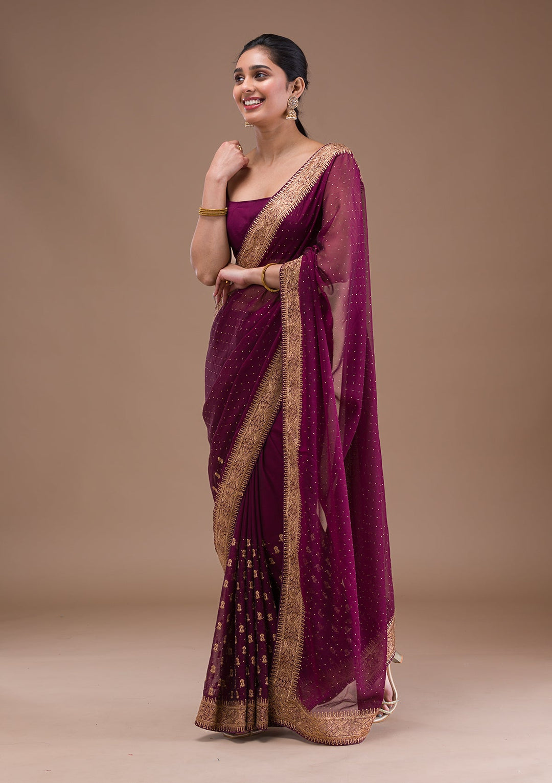 Wine Zariwork Semi Crepe Saree-Koskii