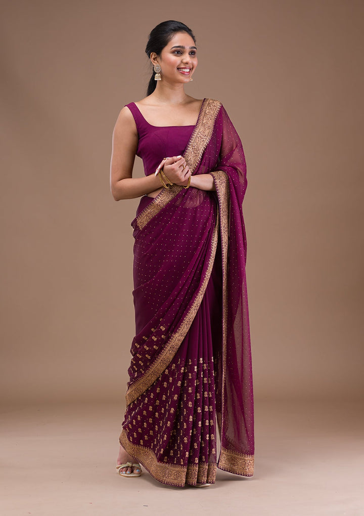 Wine Zariwork Semi Crepe Saree-Koskii