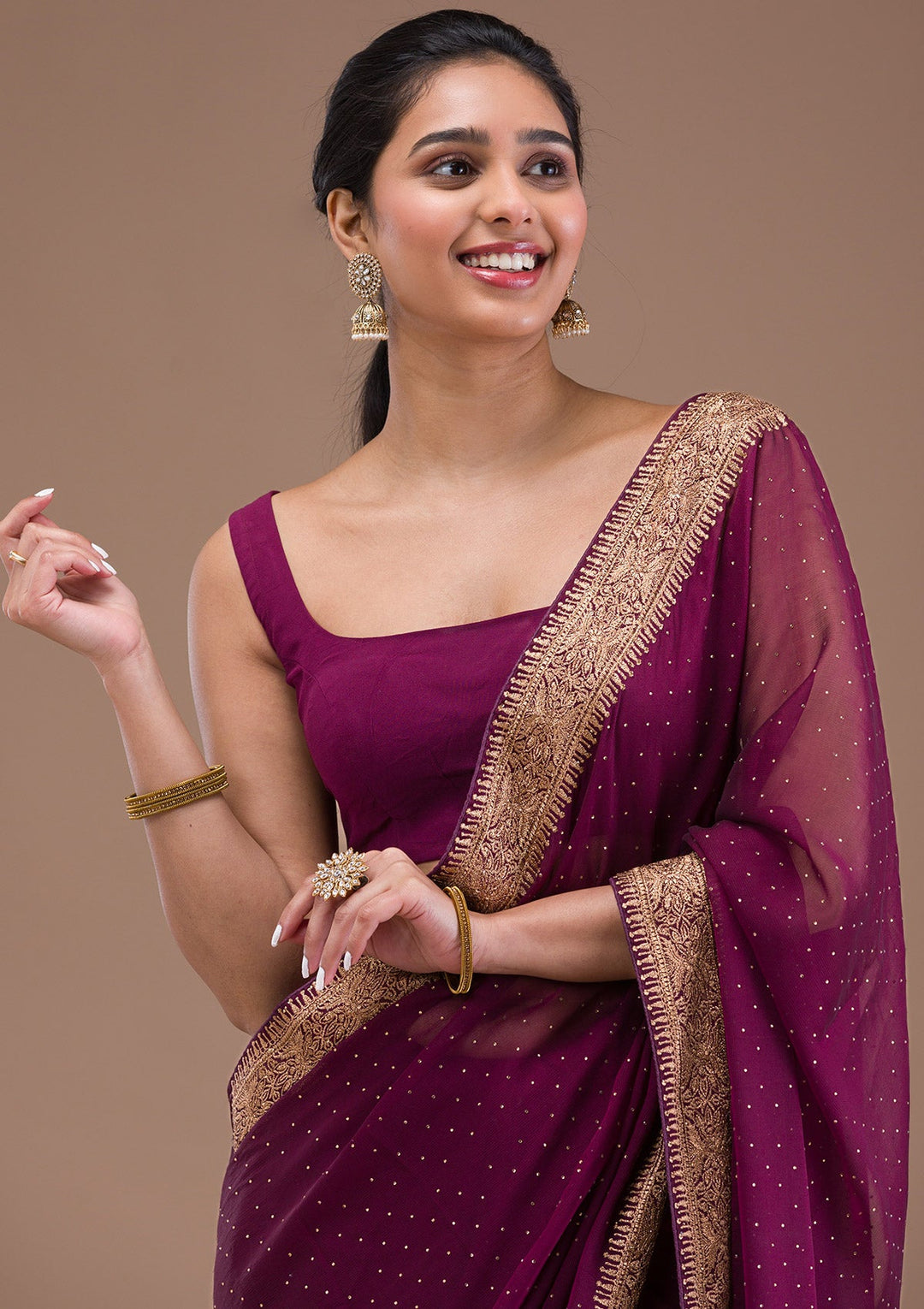 Wine Zariwork Semi Crepe Saree-Koskii