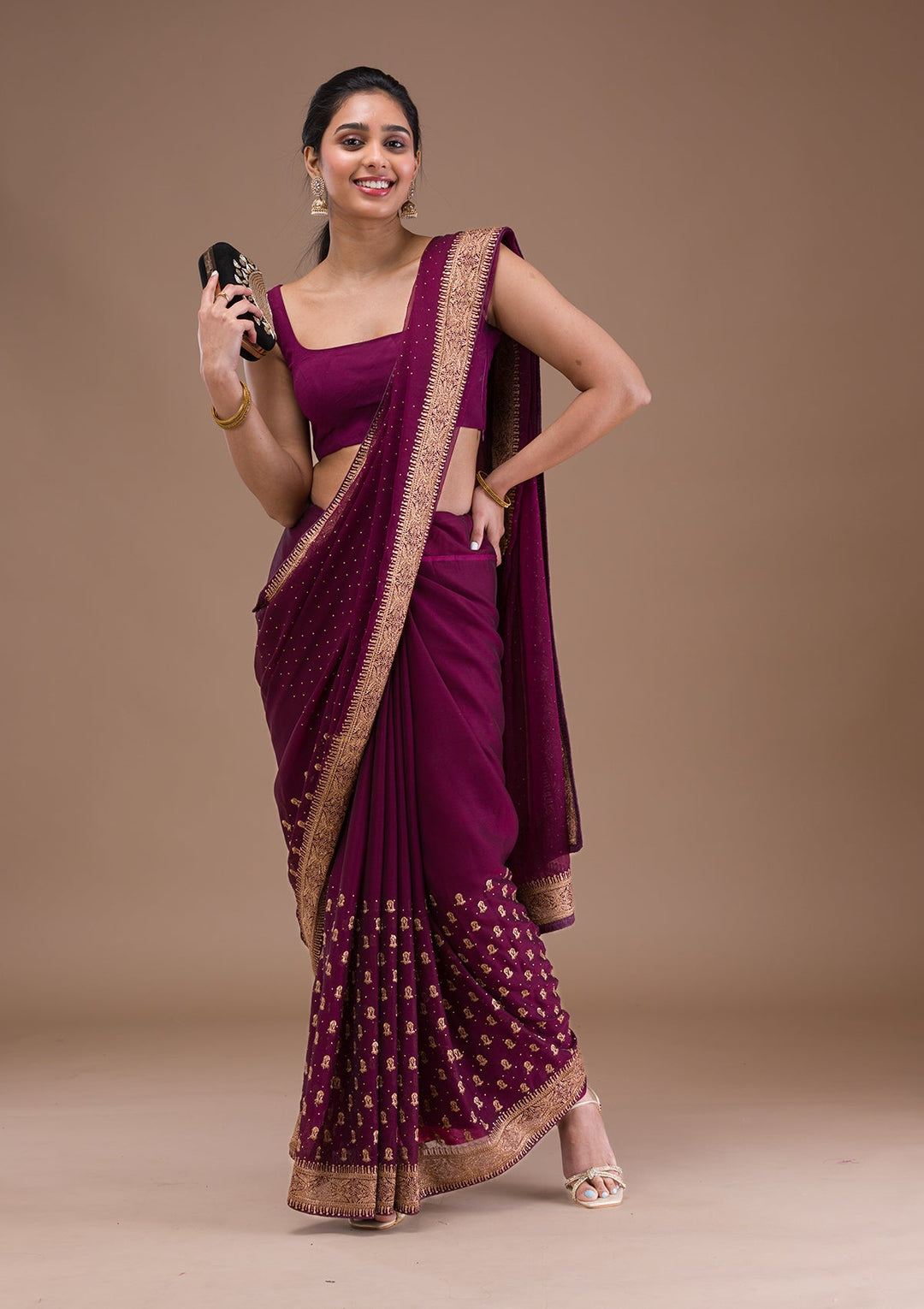 Wine Zariwork Semi Crepe Saree-Koskii